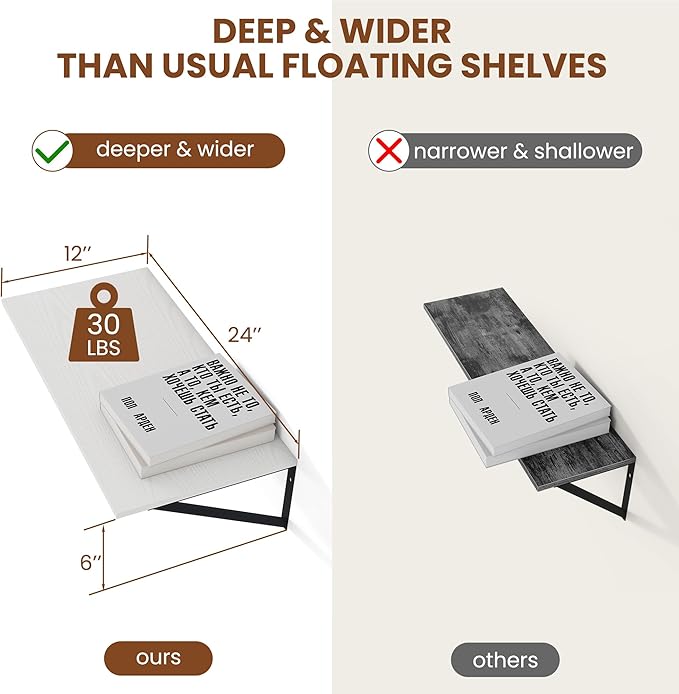 Heimlove White Deep Floating Shelves for Wall, 24W x 12D Wood Wall Shelves Set of 2, Wide Floating Bookshelf for Living Room, Kitchen, Office, Bedroom and Decor Storage, with Black Bracket - White