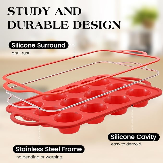 3 Pcs Silicone Baking Pan Set - Including 1 Pc Mini Loaf Pan, 1 Pc Standard Muffin Pan and 1 Pc Mini Muffin Pan - Silicone Cupcake Molds With Metal Reinforced Frame (Red)