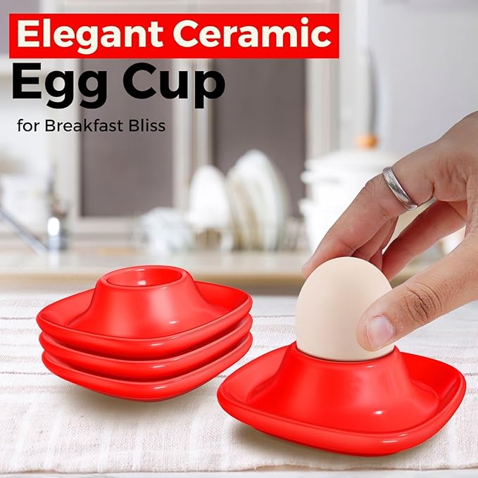 Flexzion Egg Cups for Soft Boiled Eggs - Set of 6 Ceramic Egg Holder - Stackable Egg Coddler Cups with Base for Serving, Breakfast, Brunch - Kitchen Table Decor, Red