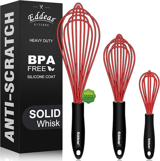 Silicone Whisk, Eddeas Stainless Steel & Silicone Non-Stick Coated Whisks set of 3-Heat Resistant (450°F) Kitchen Whisks Perfect for Blending, Whisking, Beating & Stirring, Red