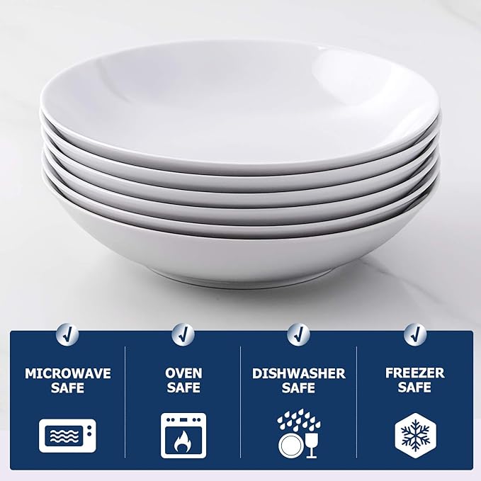 Y YHY 8" Pasta Bowls Set for 6, Porcelain 22oz Salad Bowls Set for Serving Soup, Pasta, Dinner, White Large Kitchen Bowl Plates, Microwave Dishwasher Safe