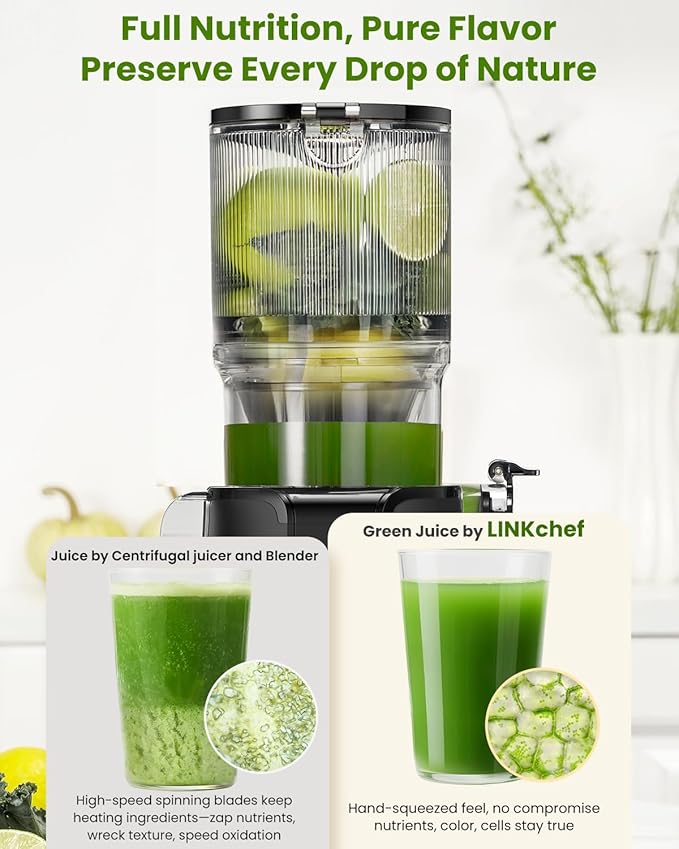 LINKChef Cold Press Juicer Machines for Vegetables and Fruits, 4.35" Wide Chute Masticating Juicer with Pulp Separator, Easy to Clean, BPA-Free, Compact Electric Slow Juice Extractor for Whole Fruit