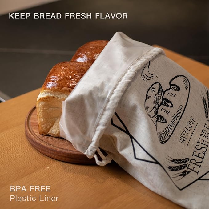 Bread Bags for Homemade Bread,2 Pack Large Sourdough cookies Bags,reusable Linen muffins bag,cloth loaves container for kitchen fresh loaf Storage,with Drawstring Lining Homemade food storage bags