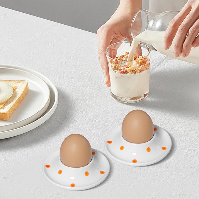 Cinf Ceramic White Egg Holder Set of 2 Porcelain Holder Breakfast Boiled Cooking Easy to Clean Childhood Memories Kitchen（Orange Dot)