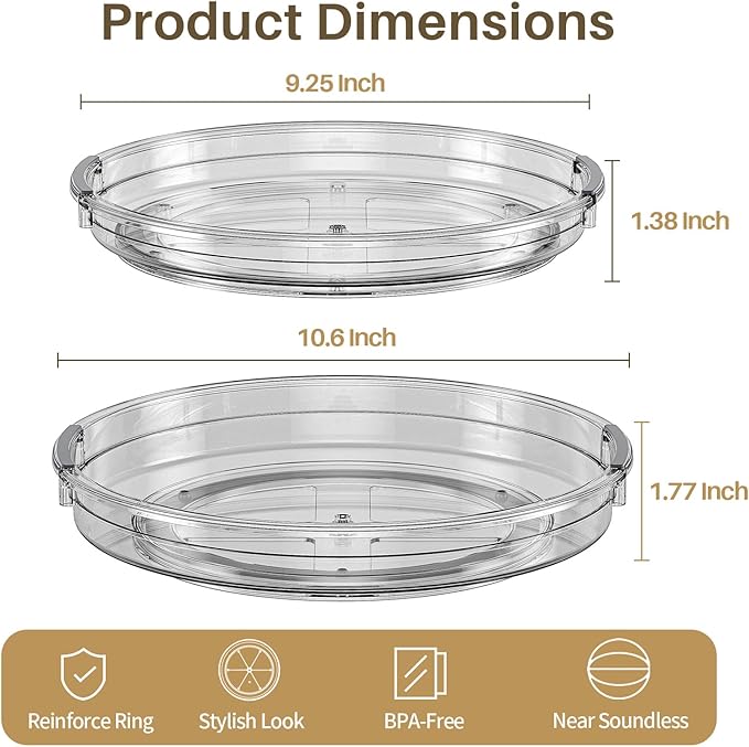 LAMU 2 Pack Lazy Susan Turntable Organizer for Cabinet, 10.6'' 9.25'' Condiment Organizer for Refrigerator, Kitchen Pantry, Medicine Cabinet Organizer, Spices Rack Organization, Bathroom, Grey