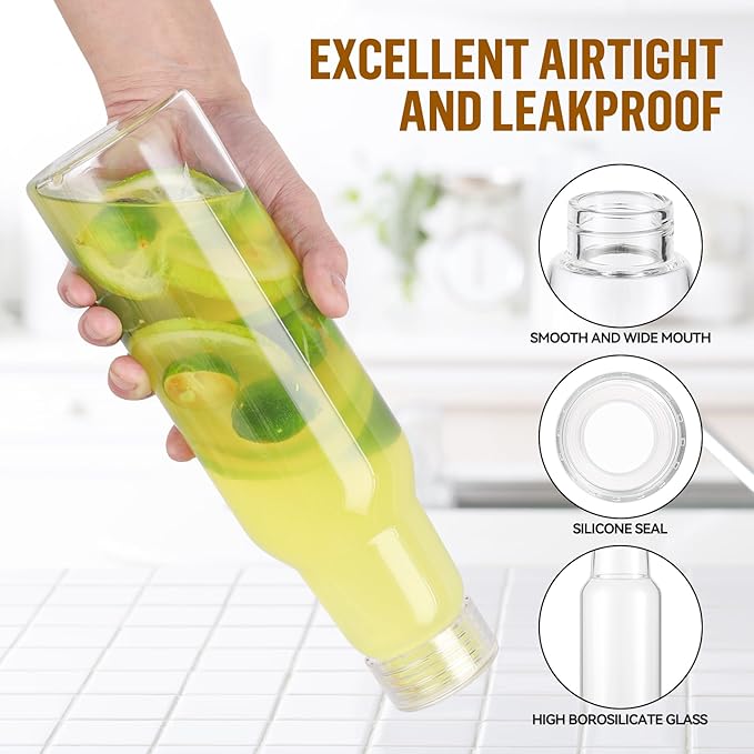 25 Oz Glass Bottles with Lids, Glass Juice Bottles, Smoothies, Water, Milks, Beverage Storage, Clear Glass Jars for Pickles, Food Storage (4 Pack)