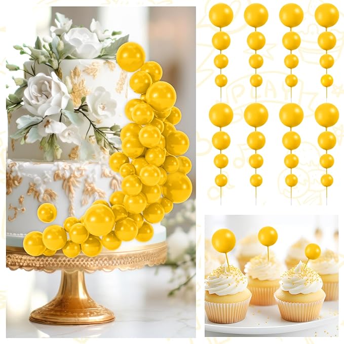 48 Pcs Yellow Cake Topper Decorations - Balloon Cupcake Toppers Foam Cake Balls for Birthday Party, Wedding Anniversary Cake Decorating