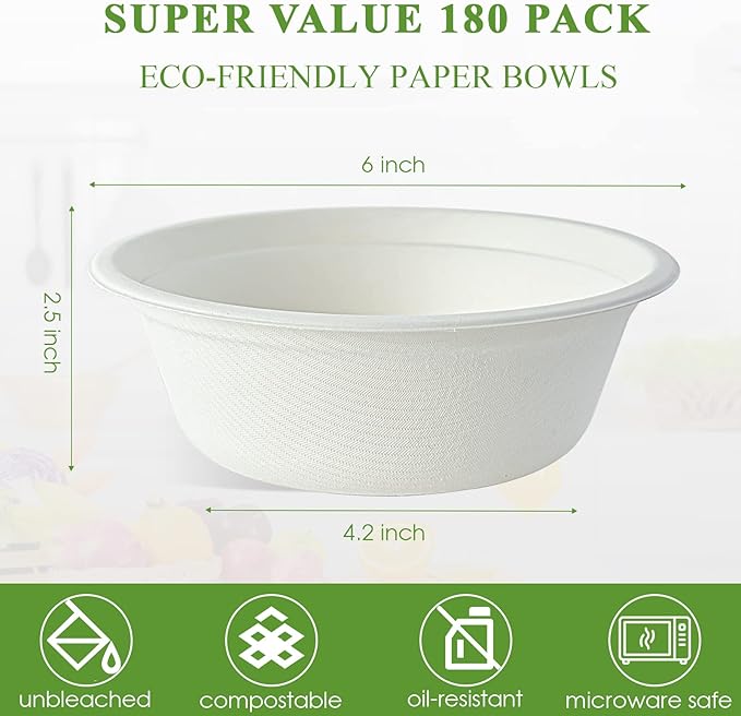 Vplus 180 Pack 16 OZ Paper Bowls, Disposable Compostable Bulk, Eco-friendly Bagasse, Heavy-duty Bowls Perfect for Milk Cereals, Snacks, Salads