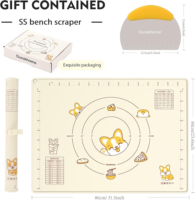 Ourokhome Silicone Baking Mat Sheet and Pastry Dough Cutter, 0.5 Inch Thick 32" X 24" BPA free Silicone Rolling Mat, Non-Stick and Anti-Slip, Dishwasher Safe (Beige)