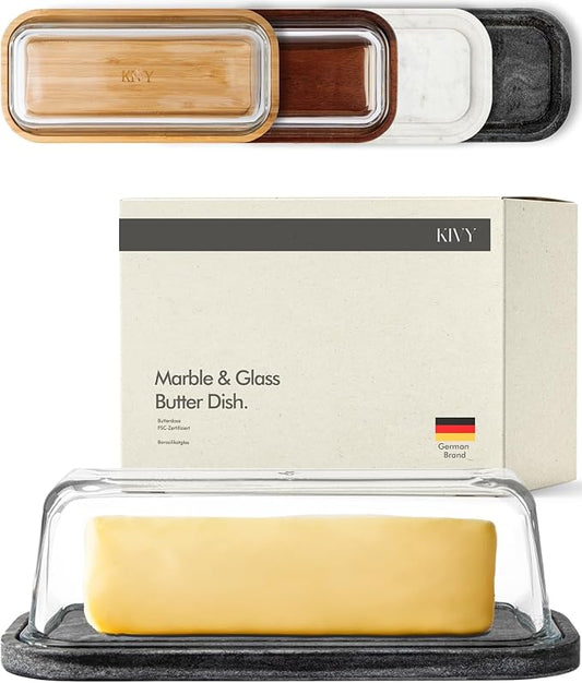 KIVY Butter Dish (Black Marble & Glass) - For countertop and refrigerator door shelf - Marble butter keeper - Stone butter dish - Glass butter dish with lid - Dishwasher Safe