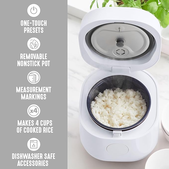 GreenLife Digital Rice Cooker, 2-Cups Uncooked/4-Cups Cooked, Removable Nonstick Ceramic PFAS-Free Pot, One-Touch Presets, Oats, Quinoa, Brown Rice, Auto Keep Warm, Fuzzy Logic Tech, 1.5 QT, White