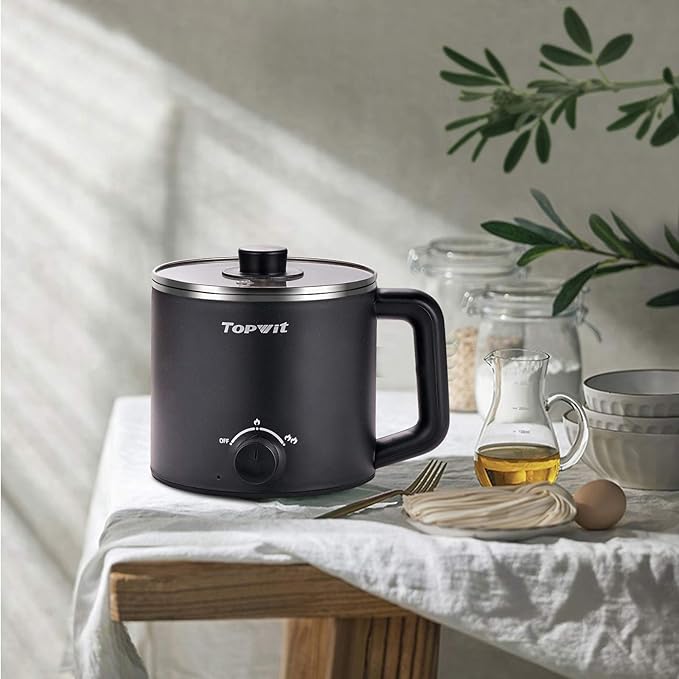 Topwit Hot Pot Electric, Electric Pot, 1.6L Ramen Cooker, Multifunctional Cooker for Pasta, Shabu-Shabu, Oatmeal, Soup and Egg with Over-Heating Protection, Boil Dry Protection, Black