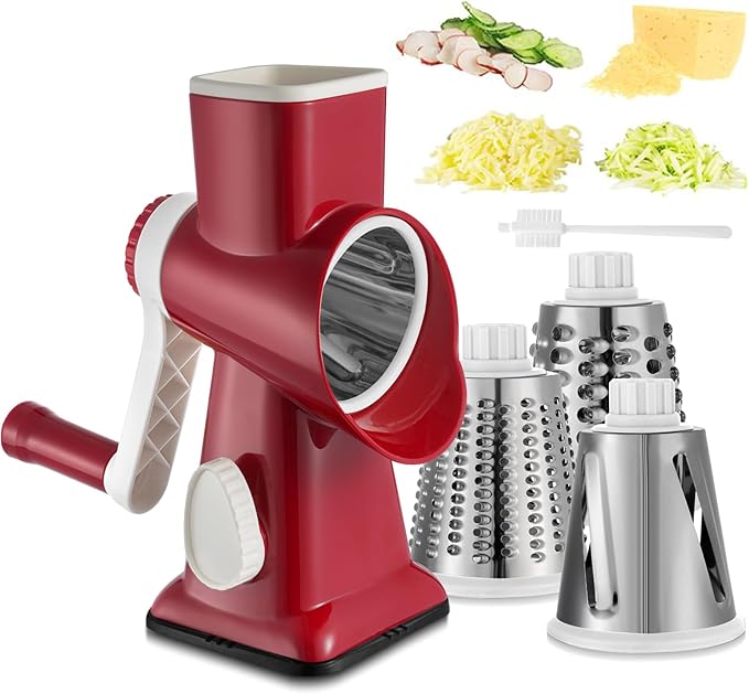 Cheese Grater Hand Crank Rotary Vegetables Shredder with Handle, 3-in-1 Graters with Interchangeable Blades and Strong Suction Base Multifunctional Slicer for Kitchen