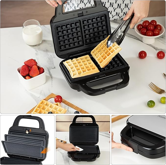 Samoris 3 in 1 Sandwich Maker Indoor Waffle Maker Irons with 6 Slice Non-Stick Removable Plates for Easy Cleanup,Perfect for Cooking Grilled Cheese,Tuna Melts,Burgers and Steaks,870W Black/Silver