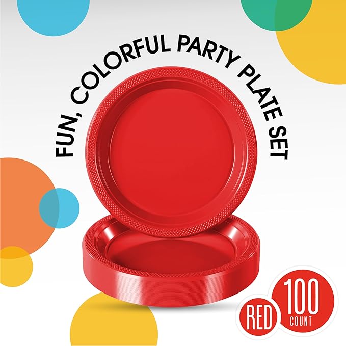 Exquisite Party Solids Red Plastic Plates For Party 10" Red Disposable Plates Heavy Duty Supplies 100 Pcs Plastic Dinnerware Sets Heavy Duty 350 GSM Disposable Dinnerware Set