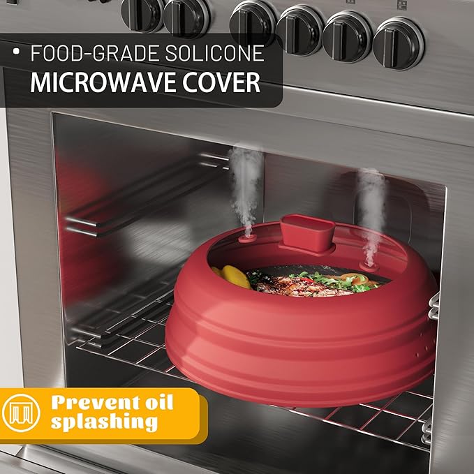 Microwave Splatter Cover, Vented Silicone and Glass Cover Splatter Guard Lid, Food Collapsible Plate Cover Lid with Easy Grip Handle. (Red, 11.8 inch)
