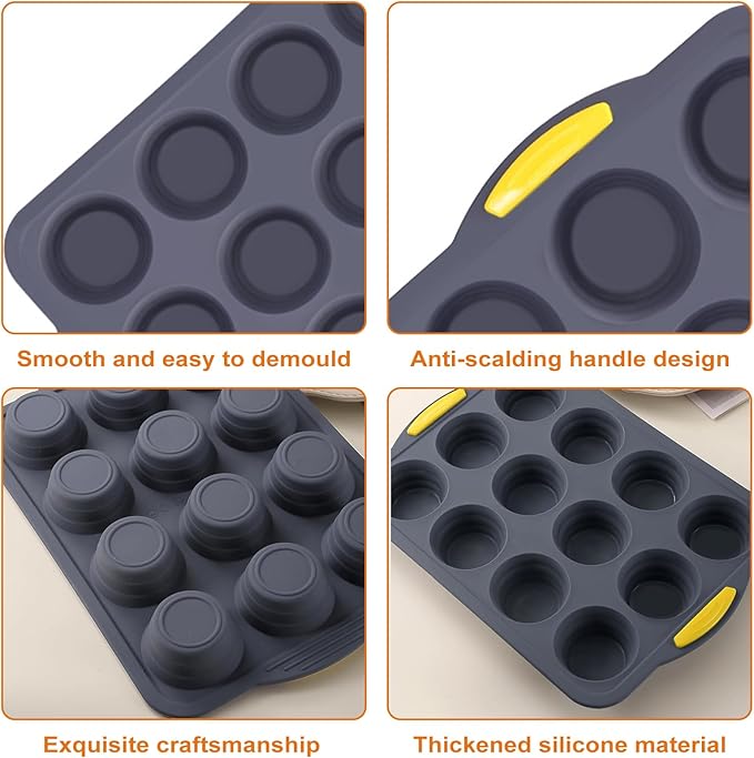 Muffin Pan, Cupcake Pan, Set of 2, 12-Cup Muffin Tin, Non-Stick Bakeware, Easy to Release and Clean, Baking Molds, Muffin Tray, Molds for Homemade Cupcakes & Muffins (Blue silicone)