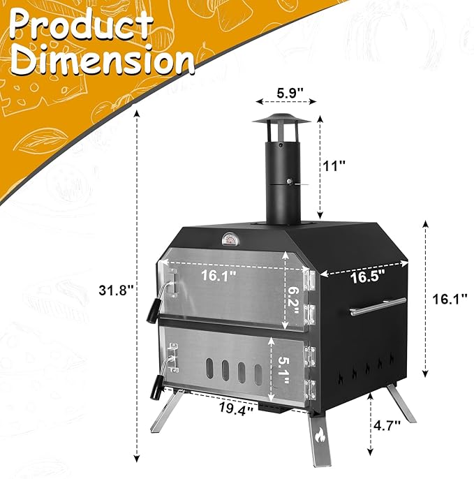 15’’ Outdoor Pizza Oven Wood Fired Pizza Oven Portable Patio Ovens Included Pizza Stone, Pizza Peel, Fold-up Legs, Cover Cooking Rack for Camping Backyard BBQ