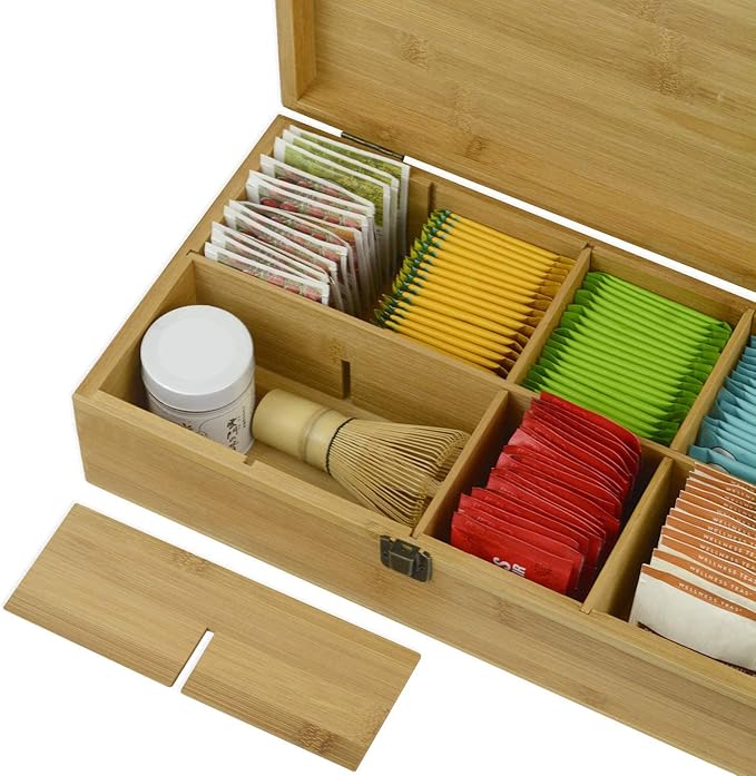 Tea Organizer Box Food Safe Chemical Free Bamboo Wood Storage Chest Big, Tall, Adjustable Cubbies (8-Slot 14.3" x 8.1" x 4.2" with TEA print design)
