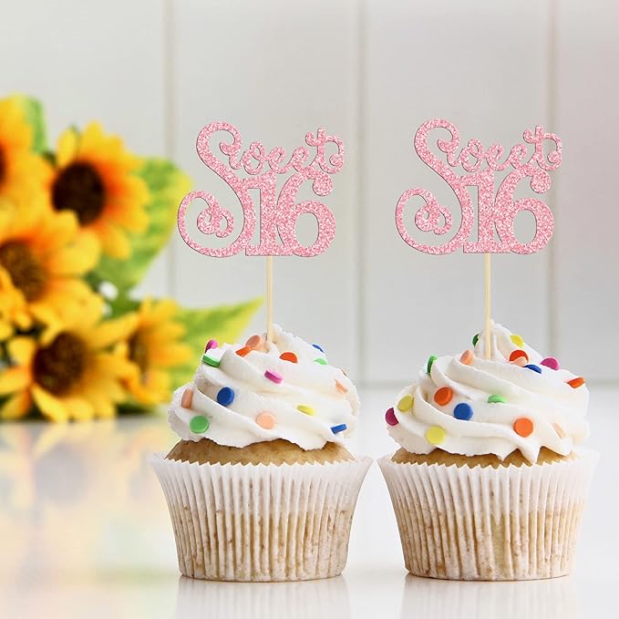 Gyufise 24 Pack Happy Sweet 16 Cupcake Toppers Glitter Sixteen 16th Birthday Cupcake Picks Cheers to 16 Years Old Cupcake Decorations for 16th Birthday Anniversary Party Cake Decorations Supplies Pink