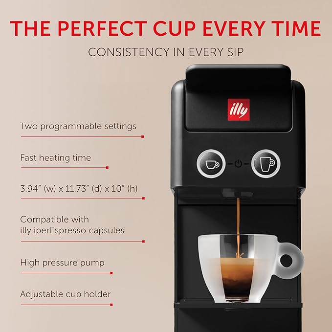 Illy Y3.3 Espresso Machine, Single Serve Coffee Machine for IperEspresso Capsules, Single Cup Espresso Maker (Black)