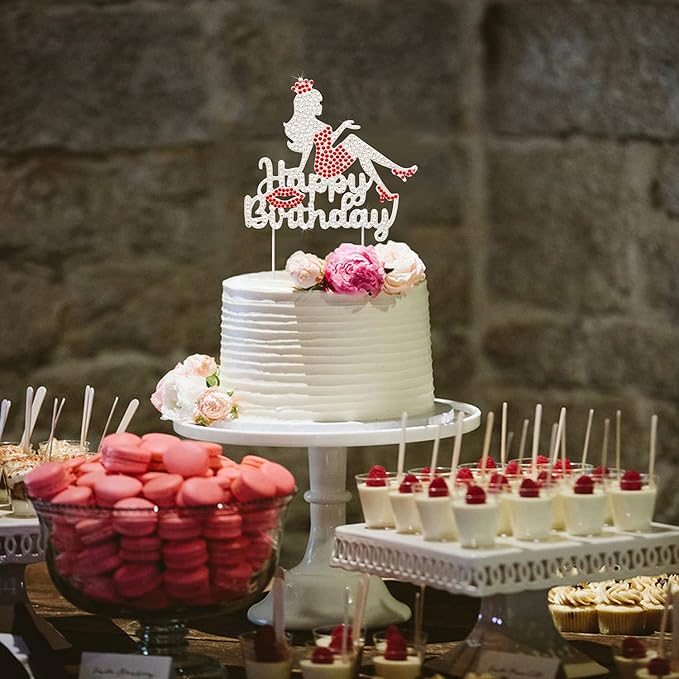 LINGTEER Happy Birthday Crown Queen Lady Rhinestone Cake Topper - Cheers to Makeup Spa Birthday Party Cake Centerpieces Decorations Gift Sign - Red.
