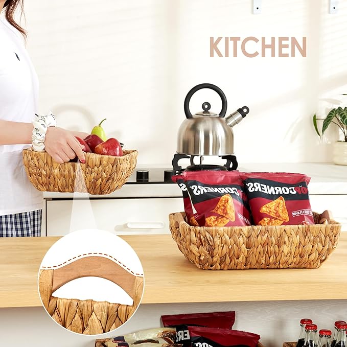 Wicker Baskets 2 Pack, Water Hyacinth Wicker Storage Basket with Wooden Handles, Hand-Woven Baskets for Storage, Natural