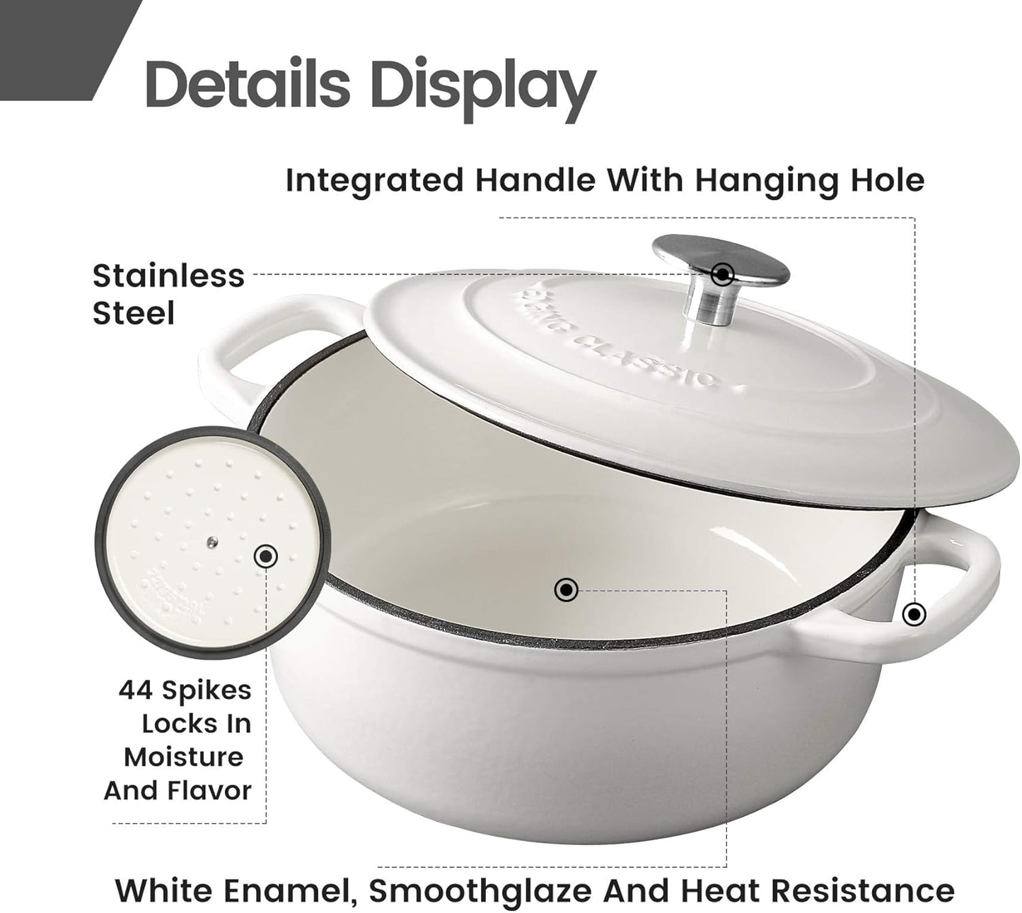 Enameled Cast Iron Covered Dutch Oven with Dual Handle, Dutch Ovens with Lid for Bread Baking, Safe to 500 degrees, 3.5 Quart, White