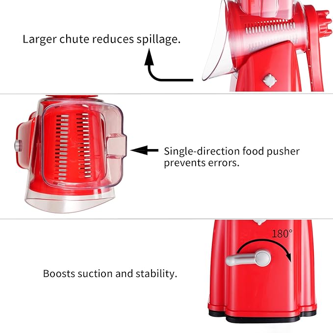 Rotary Cheese Grater Shredder - Upgraded 5 in 1 Cheese Grater with Handle and Strong Suction Base, Multi-purpose Julienne Slicer Ice Shaver Nuts Grinder for Ice, Vegetables, Fruit, Nuts
