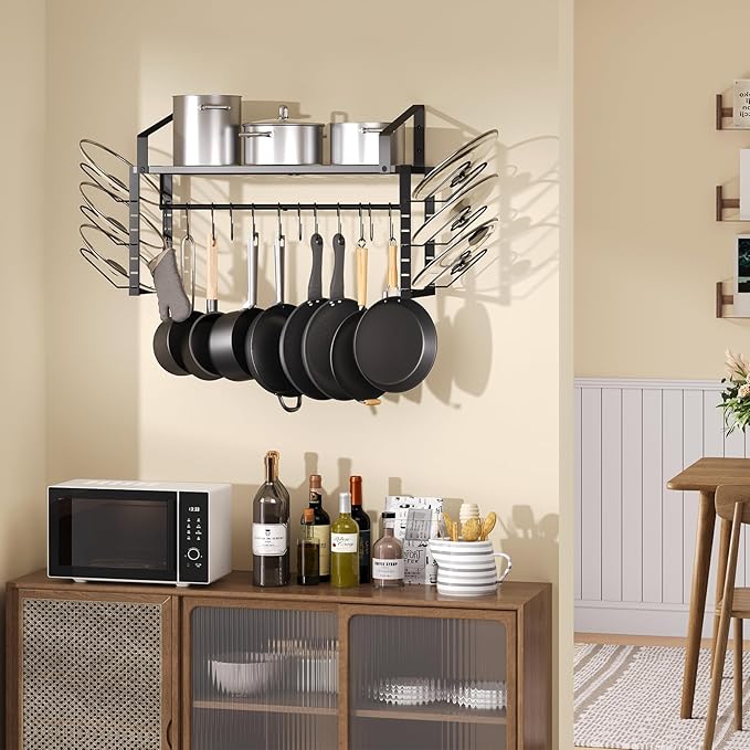 27-Inch Kitchen Pan Pot Rack Wall Mounted-Hanging Pots and Pans Organizer with 12 Hooks and 6 Pot Lid Holders,Heavy Duty Steel Pot and Pan Hanger for Cookware Utensils Storage,Screw-Upgraded Version