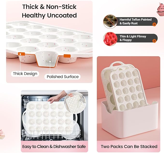 Silicone Mini Muffin Pan With Metal Reinforced Frame - 24 Cups Durable Silicone Cupcake Pan for Muffin, Cupcakes, BPA Free and Dishwasher Safe - 1 Piece Beige with Rainbow Spots