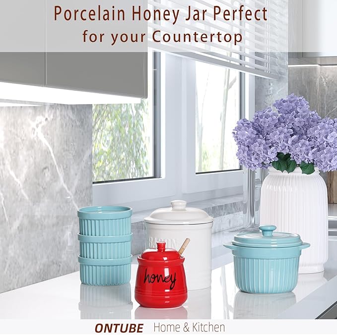 ONTUBE Honey Jar with Dipper and Lid, Ceramic Honey Pot 12oz (Red)