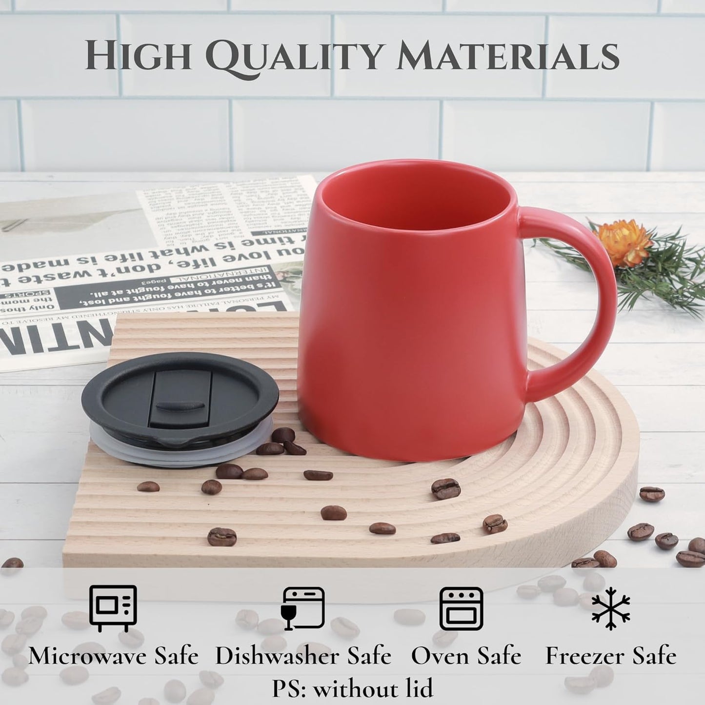 Classic Mug, 14 oz Large Coffee Mug with Handle, Ceramic Porcelain Tea Cup, Smooth Matte (Sliding Lid, Red)