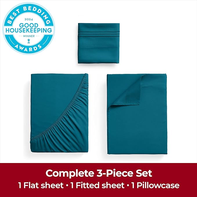 Mellanni Twin XL Sheets Set - 3 PC Iconic Collection Bedding - Hotel Luxury, Extra Soft, Cooling Bed Sheets - Wrinkle, Fade, Stain Resistant (Twin Extra Long, Teal)