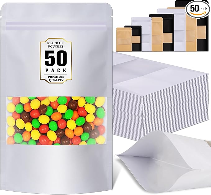 50 Pack Smell Proof Bag, Stand Up Zip Lock Bags, Cookie Bags with Seal, Resealable Pouches, Packing Bags for Cheese, Herbs, Coffee, Spice, Nuts, Soap, Bath Salts, Party Favors, Tea