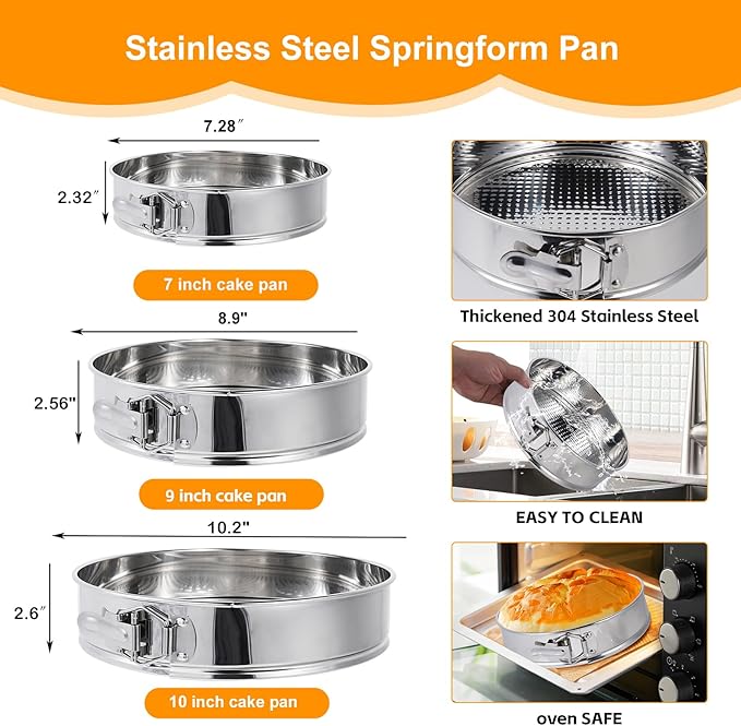 Aufind Springform Pan Set for Baking (9,10inches), 304 Stainless Steel Springform Cake Pan with Removable Bottom, Cheesecake Pan with 50PCS Parchment Paper for Pie Cake Pizza and Quiches