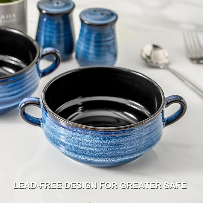 Hasense Soup Bowls with Handles, 20 oz Ceramic French Onion Soup Crocks Set of 4, Stackable Small Serving Bowls for Chili, Stew, Cereal, Microwave Oven and Dishwasher Safe, Blue