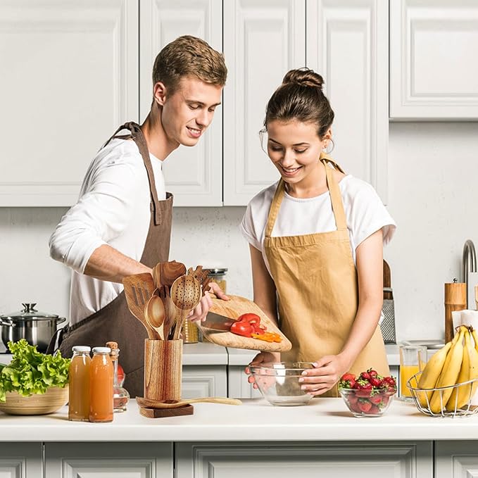 FJNATINH Wooden Spoons for Cooking, 10 Pcs Teak Wooden Cooking Utensil Set with Holder, Wooden Kitchen Utensils Set for Nonstick Pans & Cookware