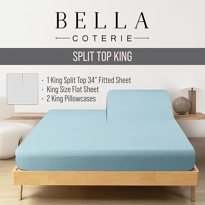 Bella Coterie Luxury Bamboo Viscose Split Top King Size Sheet Set | 100% Organically Grown | Ultra Soft | 34" Split | Cooling for Hot Sleepers | 18" Deep Pocket [Coastal Blue]