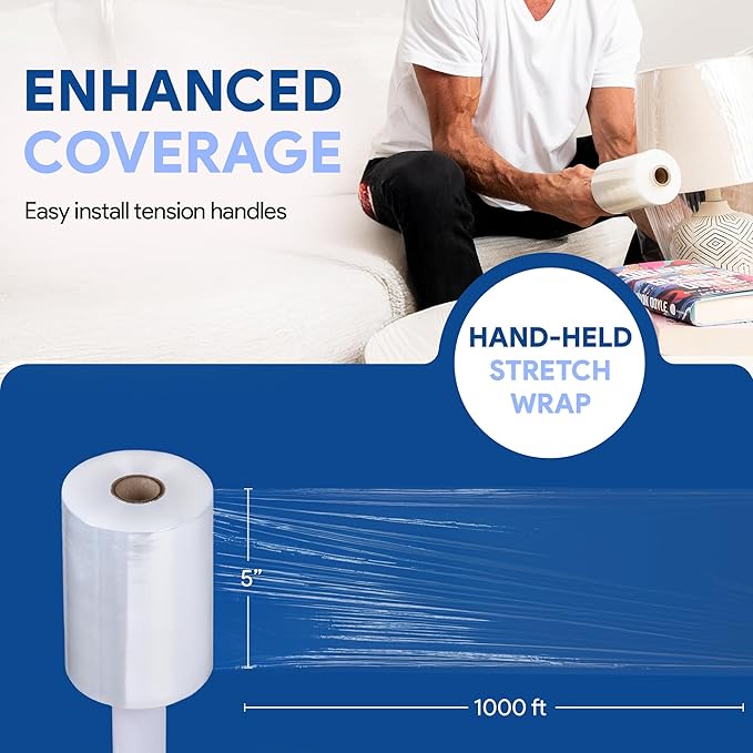 International Plastics Co. 18" Plastic Stretch Film/Wrap 1200ft 500% Stretch Clear Cling Durable Adhering Packing Moving Packaging Heavy Duty Shrink (5" Products, 8 Pack)