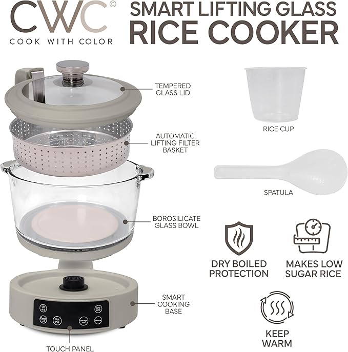 COOK WITH COLOR 3L Glass Low Carb Rice Cooker - Makes 6 Cups Low Sugar Rice with Auto Lift Filter Basket, Hotpot & Steamer for Rice, Grains and Oats, Digital Panel with Keep Warm Function, Sand