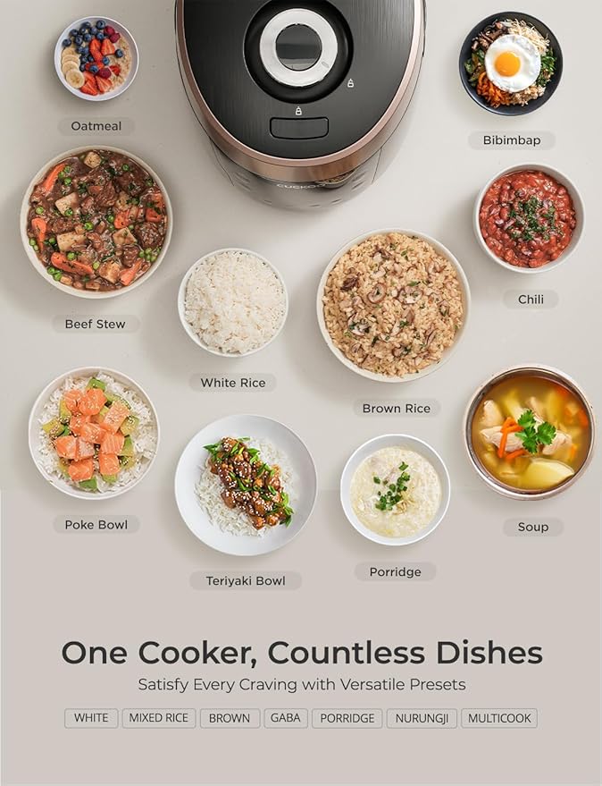 CUCKOO CRP-P0609S 6-Cup (Uncooked) / 12-Cup (Cooked) High Pressure Rice Cooker & Warmer with Nonstick Inner Pot, 12 Menu Options, Fuzzy Logic Tech, 3 Voice Guide, Auto Clean (Black/Copper)