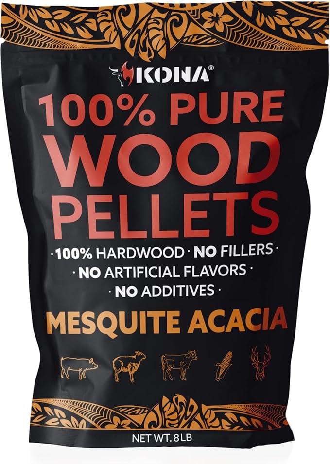 Kona 100% Mesquite Acacia Wood Pellets - Concentrated, Pure, Old Growth Hardwood Grilling Pellets - for BBQ, Smoker Tubes, Grills - 8 lbs 100% Mesquite Acacia Bold Red Meat Smoke