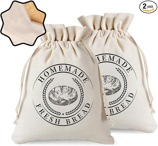 Reusable Bread Bags for Sourdough, Bannetons Reusable Cotton Drawstring Bag, Set of 2,Pretty Bags for Storing Flour and Bread
