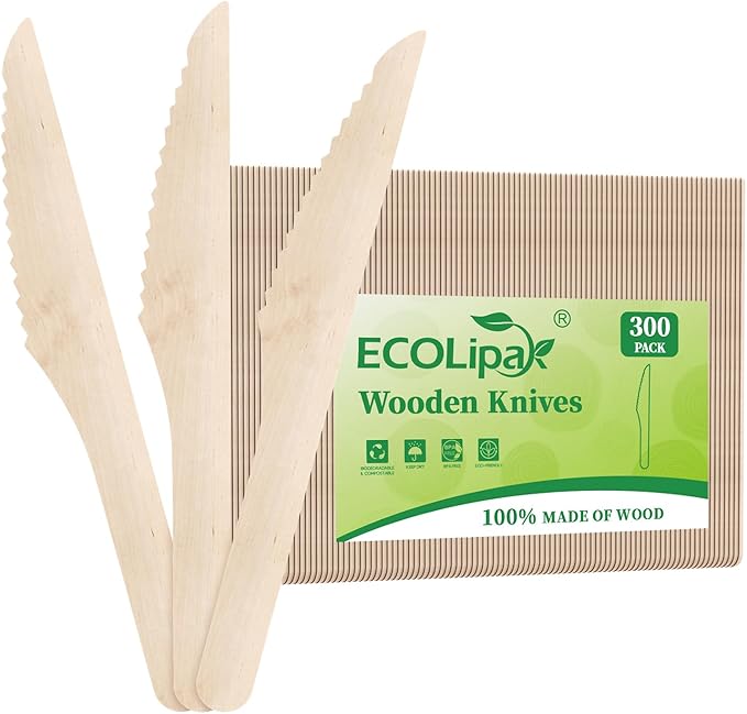 ECOLipak 300 Count Disposable Wooden Knives, Wooden Compostable Disposable Knives for Party, Camping, Traveling, Family Dinners