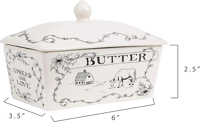 Creative Co-Op Country Stoneware Butter Dish with Lid, "Spread the Love" Message, and Farm Line Drawing, White and Black, Food, Microwave, and Dishwasher Safe