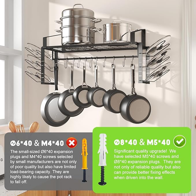 27-Inch Kitchen Pan Pot Rack Wall Mounted-Hanging Pots and Pans Organizer with 12 Hooks and 6 Pot Lid Holders,Heavy Duty Steel Pot and Pan Hanger for Cookware Utensils Storage,Screw-Upgraded Version