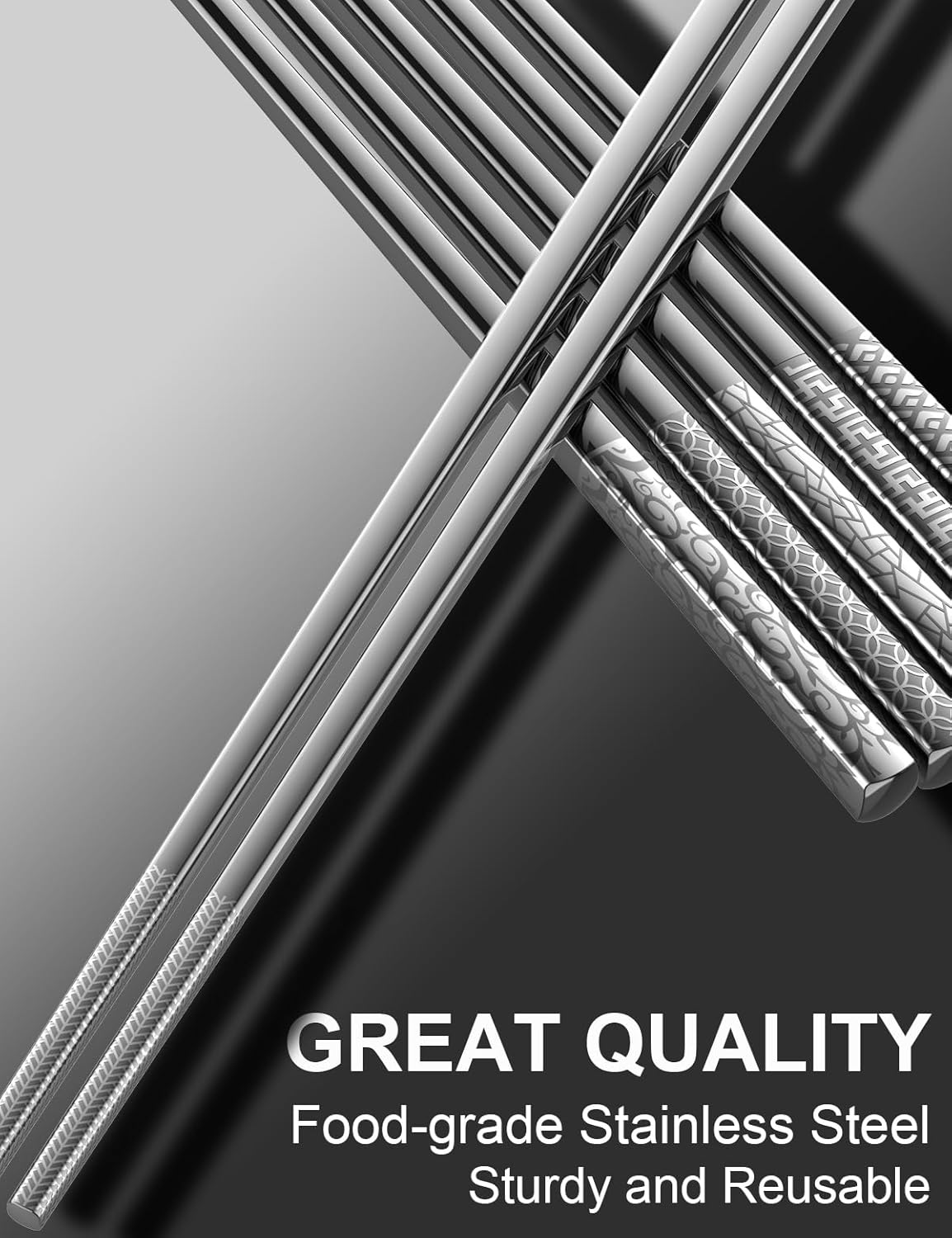 Metal Chopsticks Reusable 18/8 stainless steel Chopsticks 5 Pairs Modern Style Dishwasher Safe Lightweight Non-Slip Chop Sticks 9 1/4 Inches Present Set