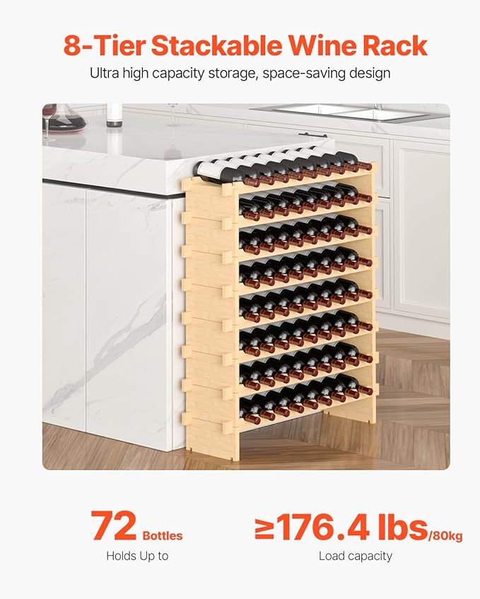 VEVOR Stackable Modular Wine Rack, 8-Tier 72 Bottles, Freestanding Wines Holder Display Shelf, Solid Bamboo Wood Storage Racks, Wobble-Free Shelves for Kitchens, Dining Rooms, Cellars, Natural Color
