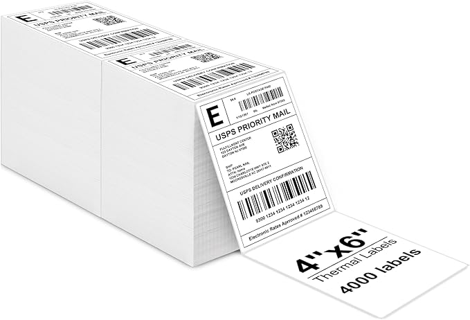 Bulk 4x6 Thermal Labels - 4000 Adhesive Labels | Smudge-Resistant & BPA-Free | Thermal Printer Compatible